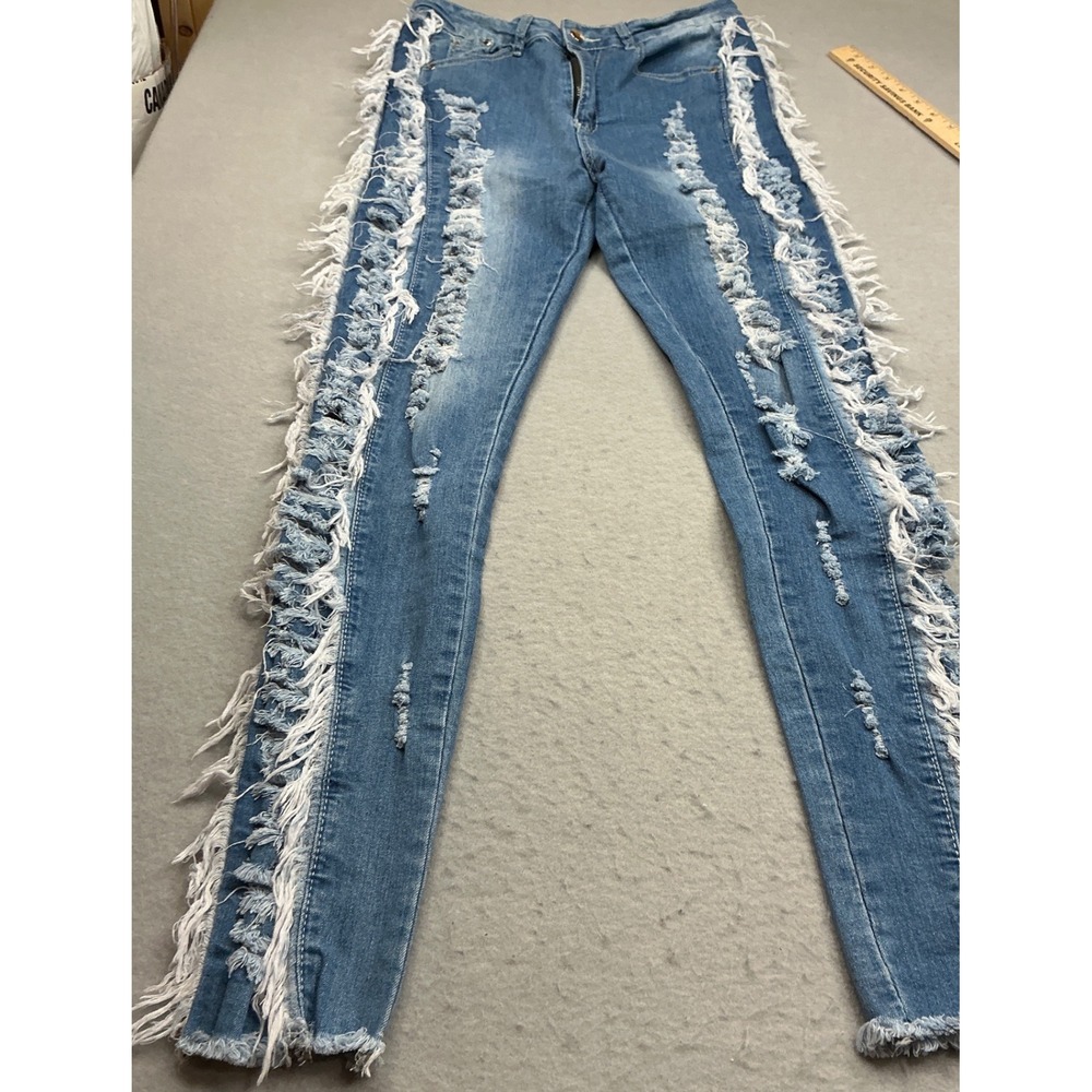 Y2K Skinny Jeans Heavy Distressed Fringe Side Trim Medium Wash Size M